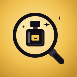 Logo Caçadores de Perfumes: lupa dourada sobre um frasco de perfume
